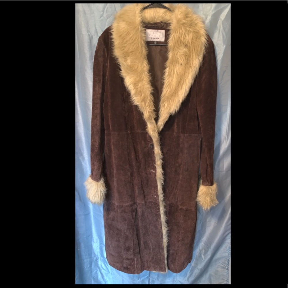 Dark brown long coat with light brown faux fur